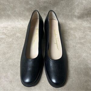 Salvatore Ferragamo Wedge Heels Womens Sz 7 Black Leather Slip On Shoes Pumps